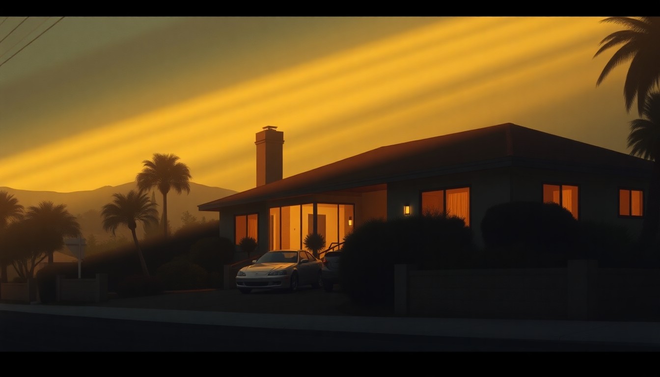 A serene, photorealistic painting of a two-story suburban home in Woodland Hills, Los Angeles, with warm sunlight casting long shadows across the facade and lawn. The image conveys a sense of quiet tension, hinting at the illicit activities taking place within the unassuming residence.
