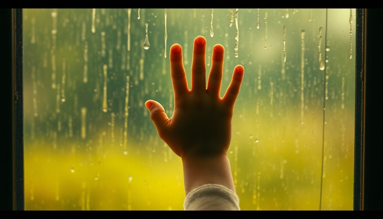 An extremely abstracted, out-of-focus photograph of a child's hand reaching up through a rain-streaked window, conveying a sense of vulnerability and the need for protection through soft, warm pools of color.