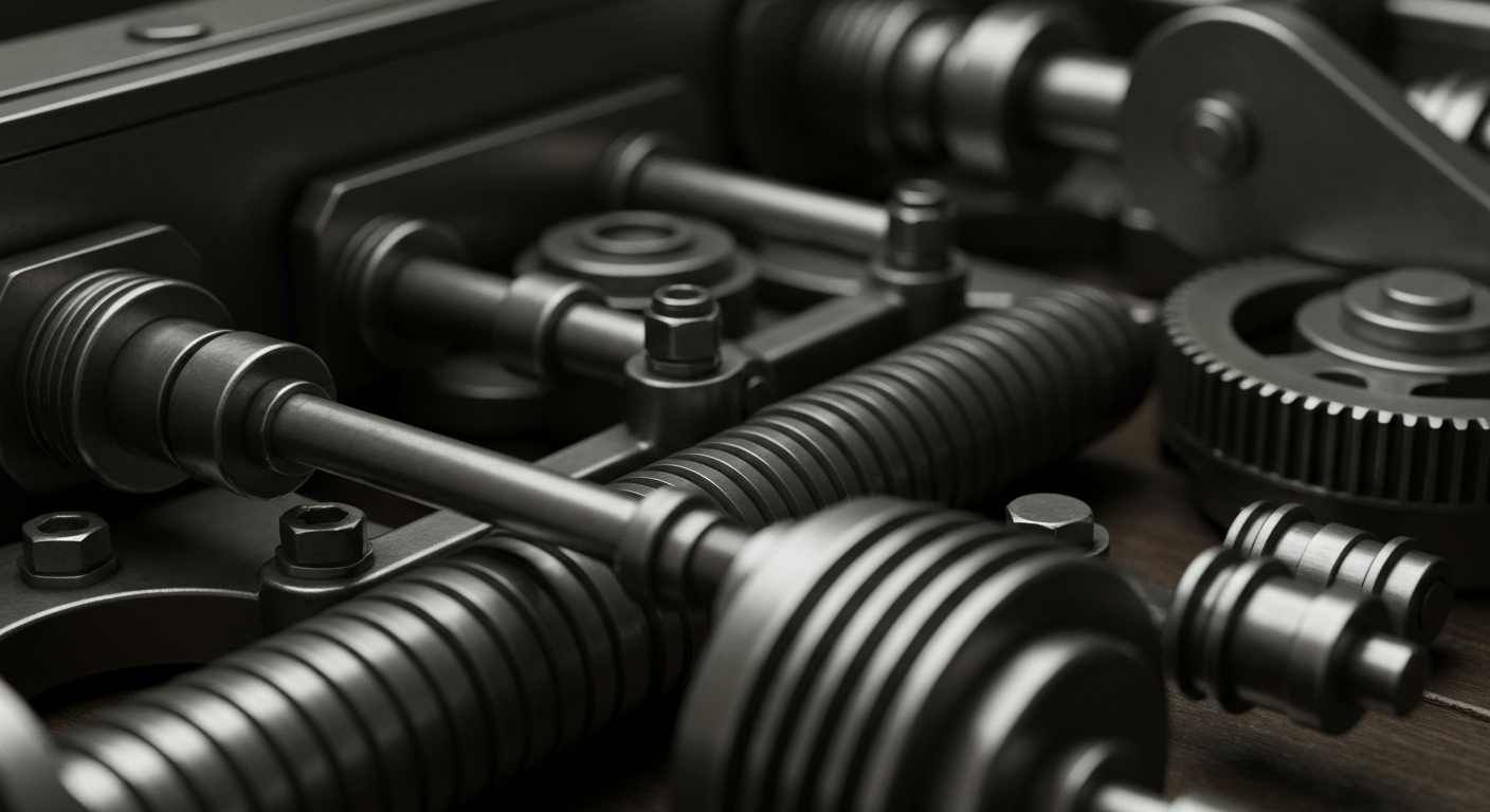 A highly detailed, cinematic close-up image of the inner workings of financial machinery, such as gears, levers, and metal components, representing the complex infrastructure underlying crypto trading without using literal currency or charts.