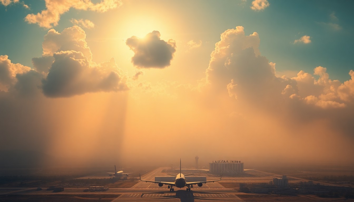 A vast, atmospheric landscape painting depicting a hazy, sun-drenched view of Los Angeles International Airport, with the iconic Theme Building structure dwarfed by an overwhelming, sublime sky filled with dramatic clouds and dramatic light, conveying the overwhelming power of nature and the growing threat of climate change.