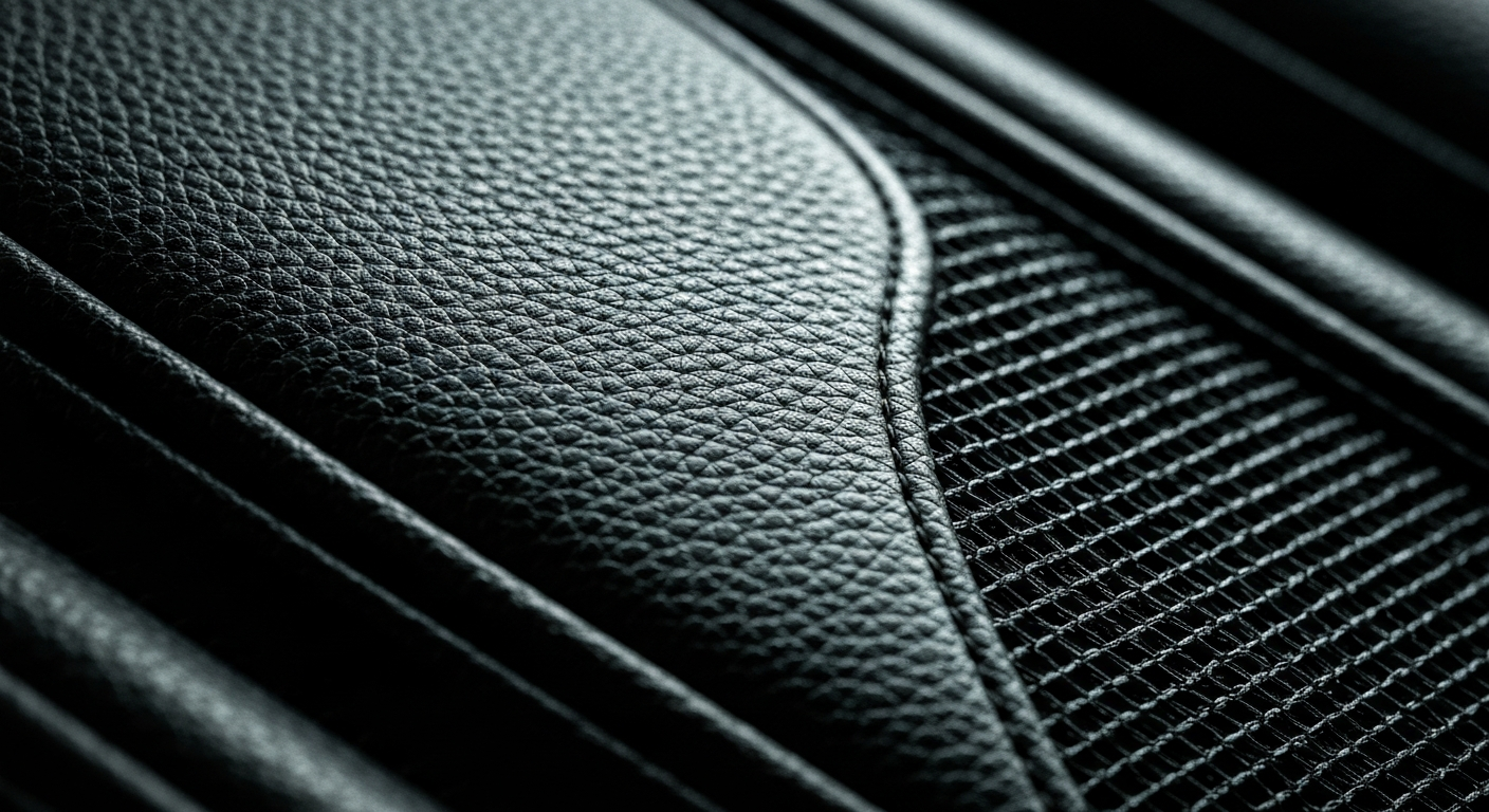 An extreme close-up of a textured automobile material, such as pebbled leather or woven mesh, captured in a dramatic, high-contrast lighting style that emphasizes the intricate details and natural patterns of the material.