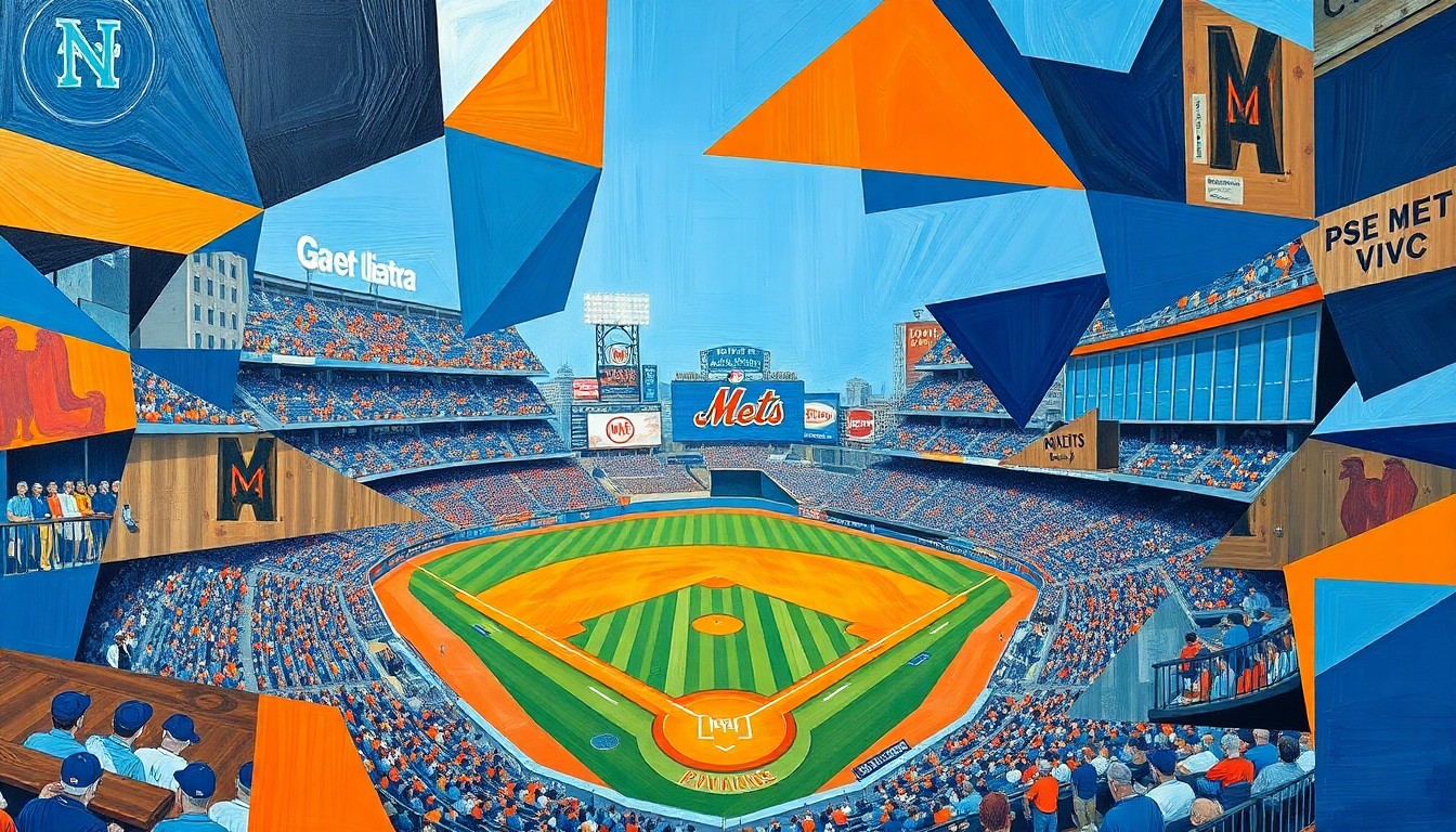 A cubist, geometric painting in shades of blue and orange, breaking down a Mets baseball game into sharp, overlapping planes and shapes, reflecting the team's ongoing struggles and the search for explanations among their fanbase.