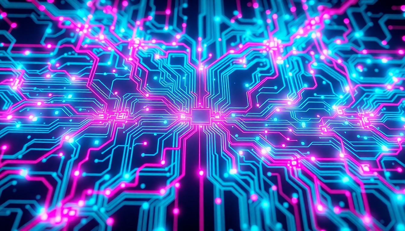 A highly detailed, glowing 3D illustration of a complex network of interconnected circuits, wires, and data nodes in shades of neon cyan and magenta, conceptually representing the underlying infrastructure of AI systems.