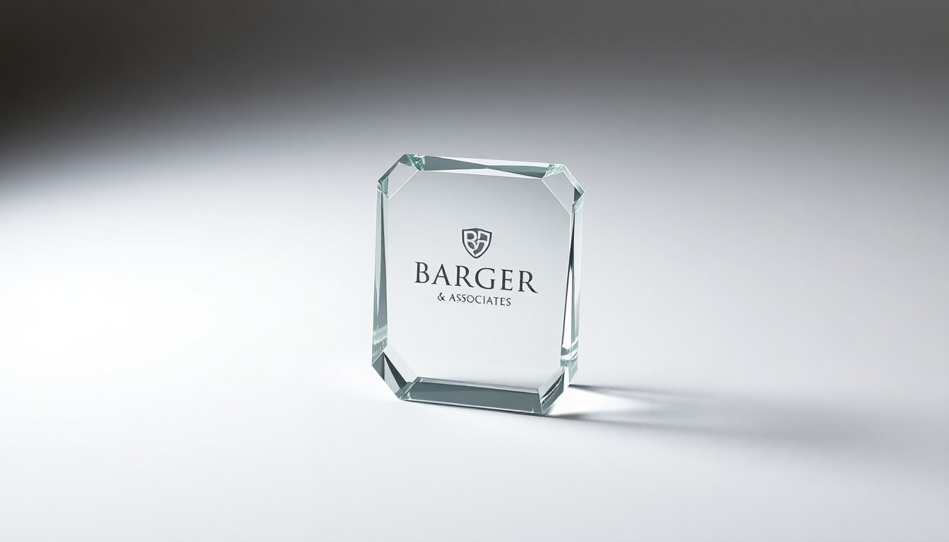 A highly detailed, photorealistic studio still life photograph showing a polished, geometric glass paperweight or trophy on a clean, monochromatic background, symbolizing the prestigious awards and accolades earned by the Barger & Associates insurance agency.