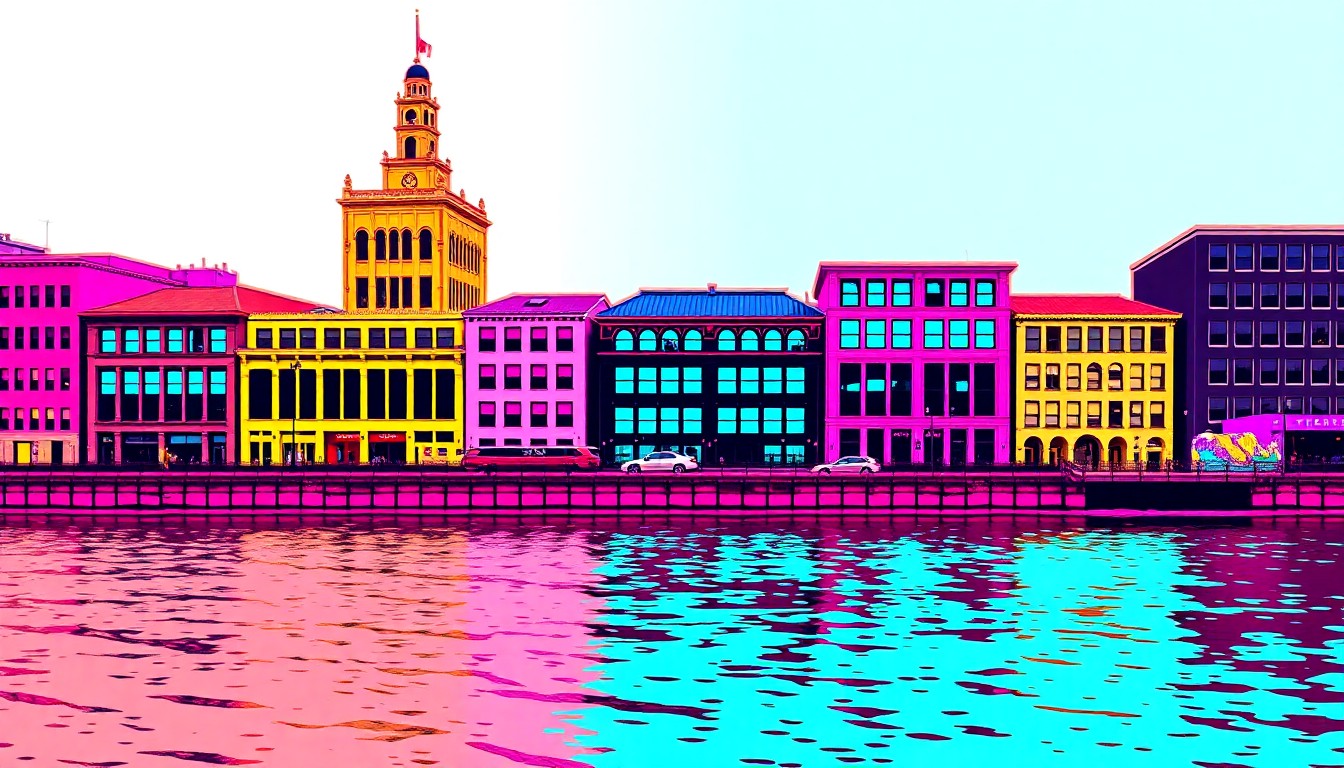 A bold, colorful silkscreen-style illustration featuring a repeated pattern of an iconic riverfront building or structure from The Banks development in Cincinnati, rendered in a high-contrast, neon-infused pop art aesthetic.
