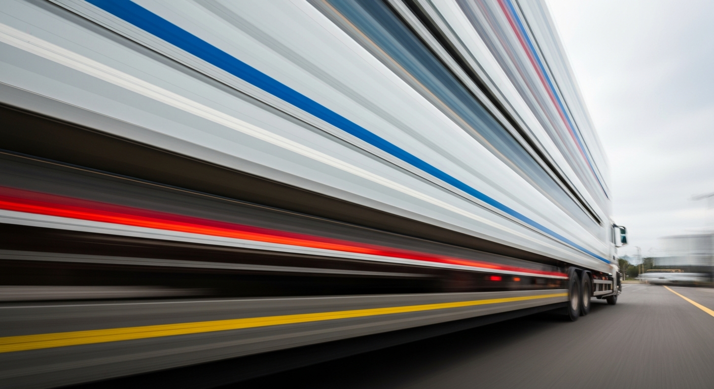 An abstract, blurred image of a natural gas delivery truck in motion, with vibrant streaks of color representing the speed and modern technology of gas infrastructure.