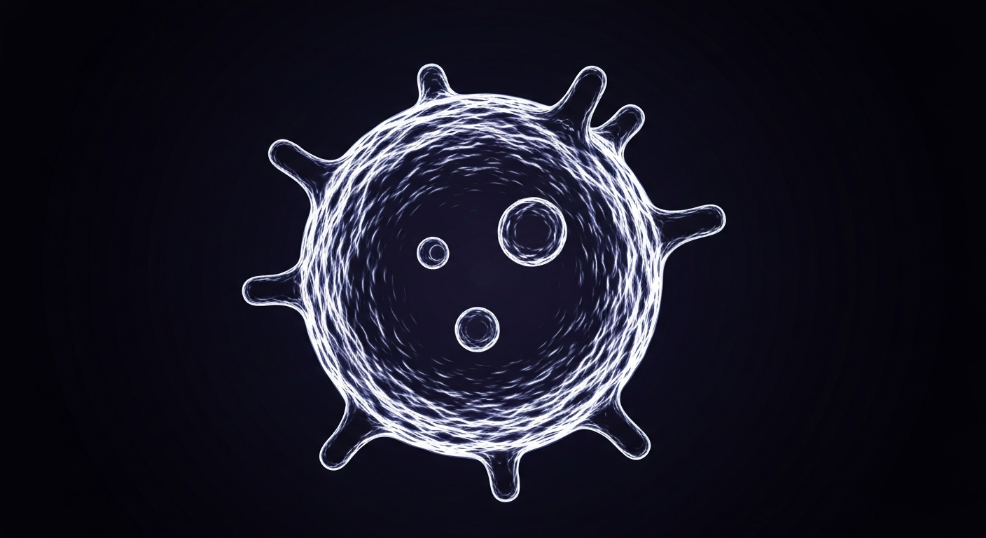 A minimalist, neon-outlined illustration of an immune cell, possibly a macrophage, glowing against a dark background, conceptually representing the potential of Pheast Therapeutics' PHST001 to activate the innate immune system to fight cancer.