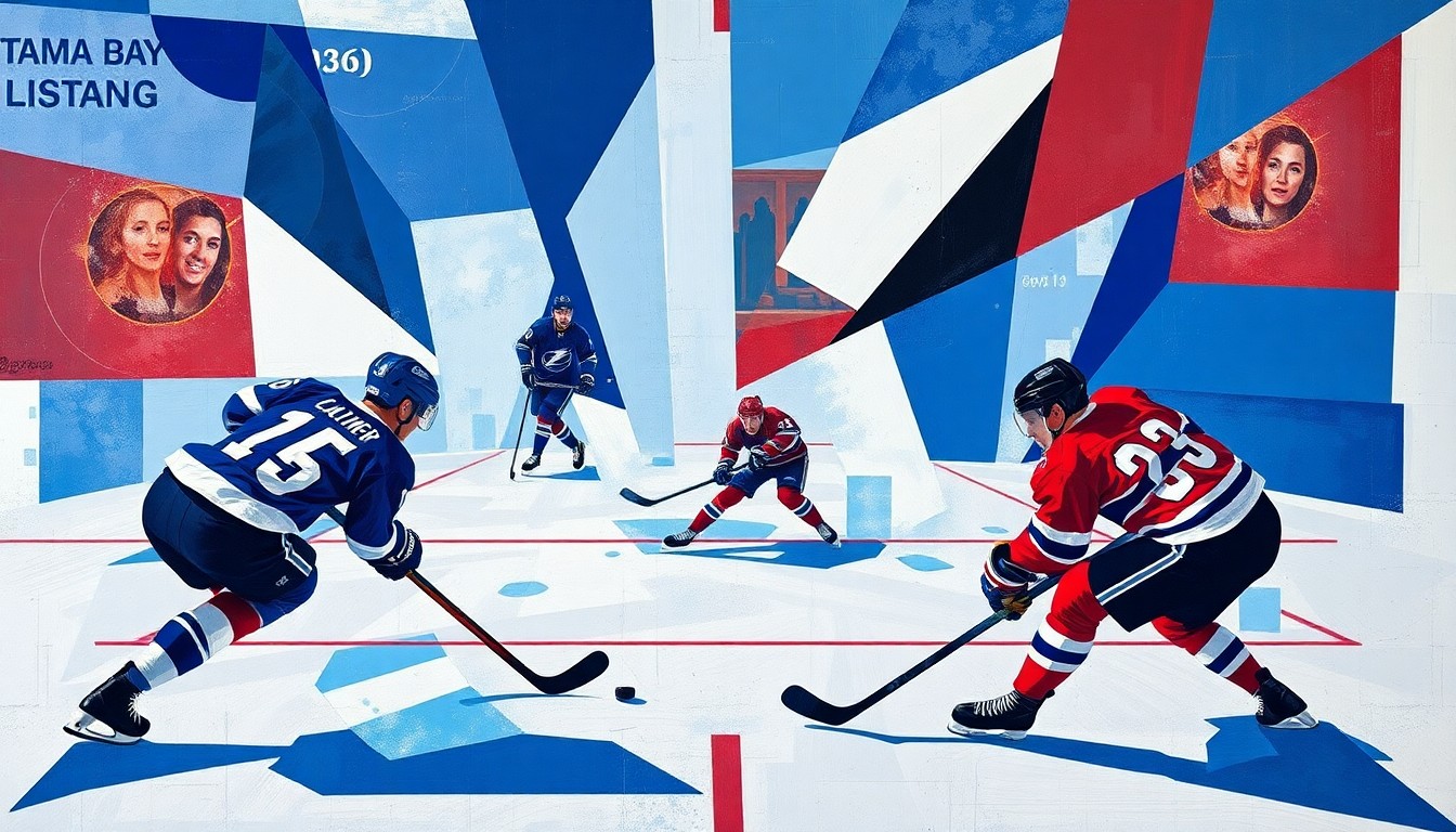 A fragmented, geometric painting depicting the fast-paced action of a hockey game, with angular shapes and planes representing the players' movements and the puck's trajectory on the ice.