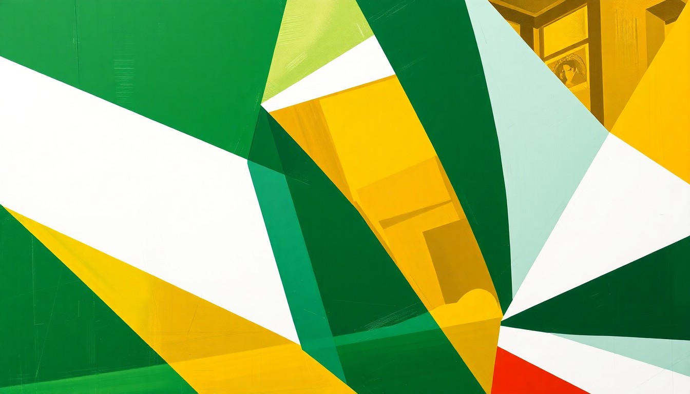 A fractured, cubist-style painting depicting a women's golf tournament, with sharp geometric shapes in the team colors of green, gold, and white representing the dynamic action of the competition.