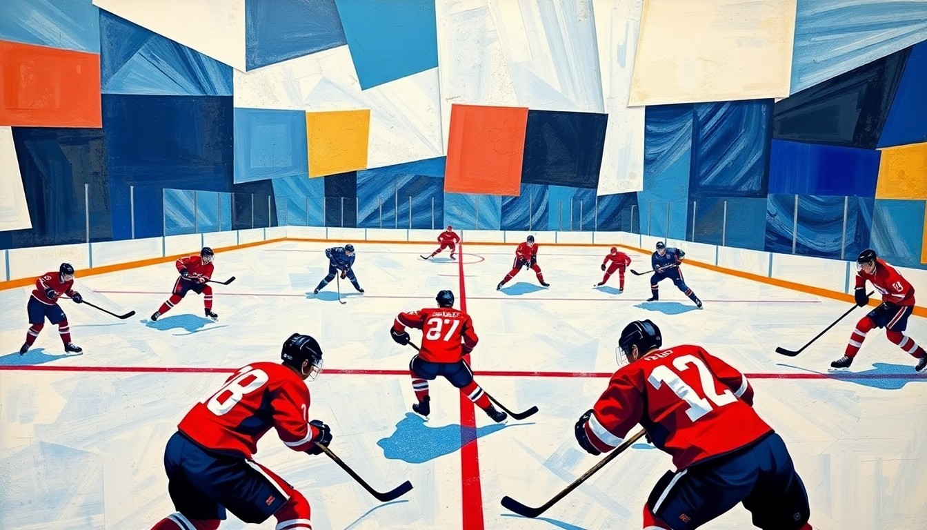 A fractured, multi-perspective painting depicting a hockey game, with sharp geometric shapes in shades of blue, white, and red representing the players, puck, and ice.