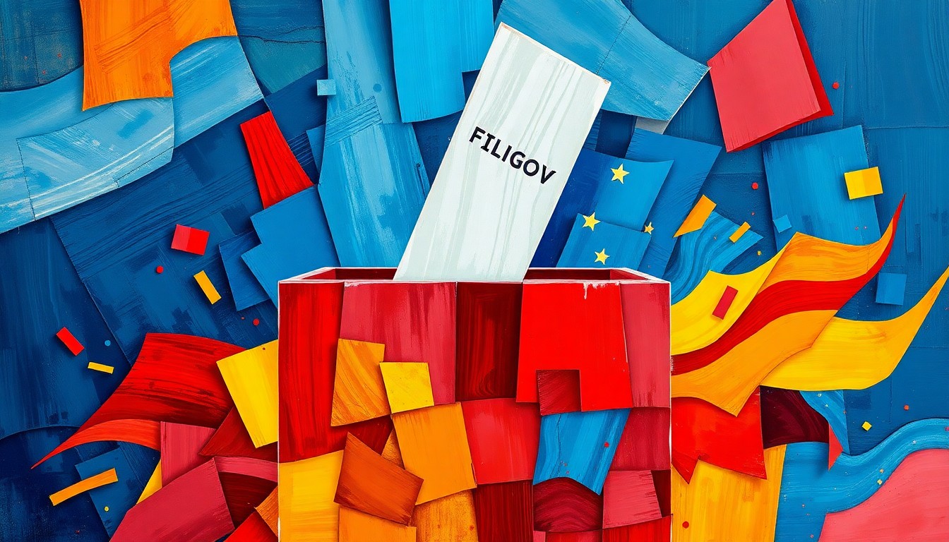 A highly abstract, fragmented painting featuring a central ballot box shape in shades of blue, red, and yellow, conveying the turbulent and contested nature of the 2024 election.