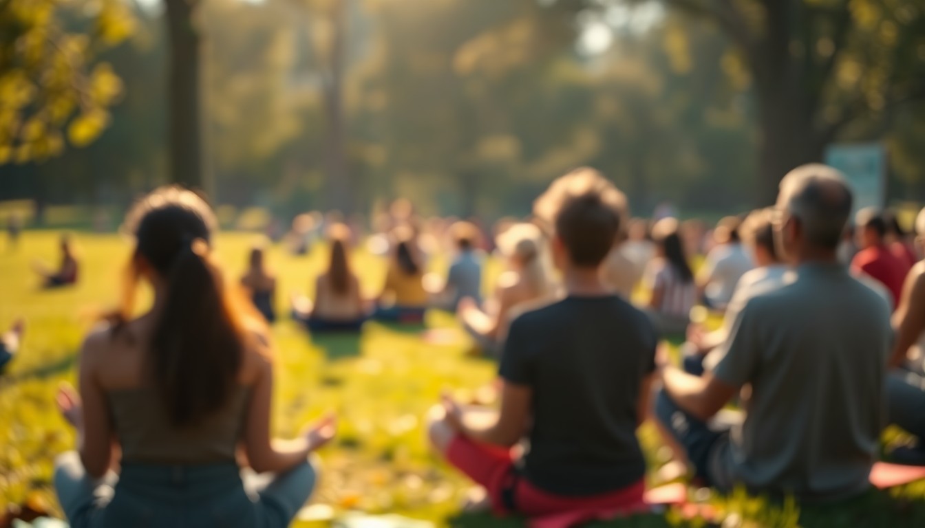 An impressionistic, blurred photograph showing the silhouettes of people sitting in a park, surrounded by soft, warm light and color, conveying a sense of tranquility and communion with the natural world.