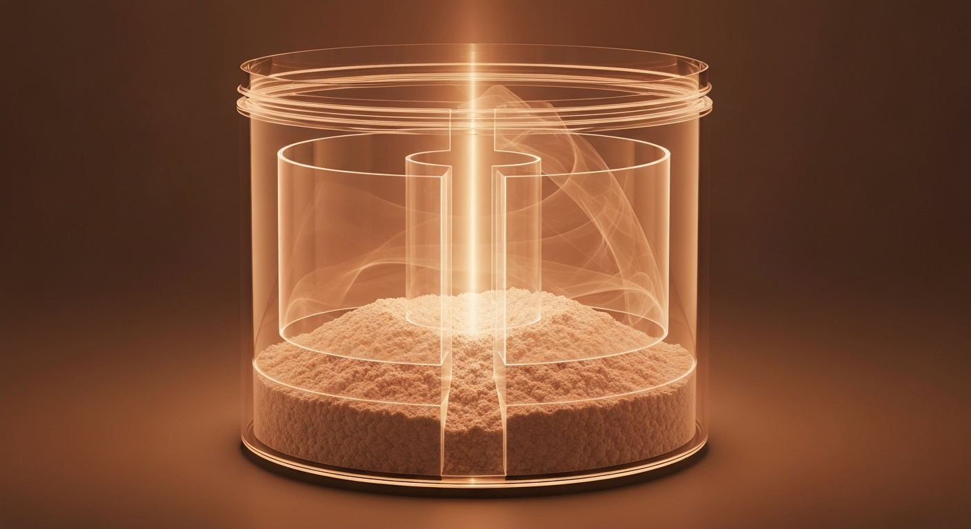 A translucent X-ray photograph revealing the internal structure of a protein powder container, its contents glowing against a dark background, conceptually representing the changing dietary habits of Americans.