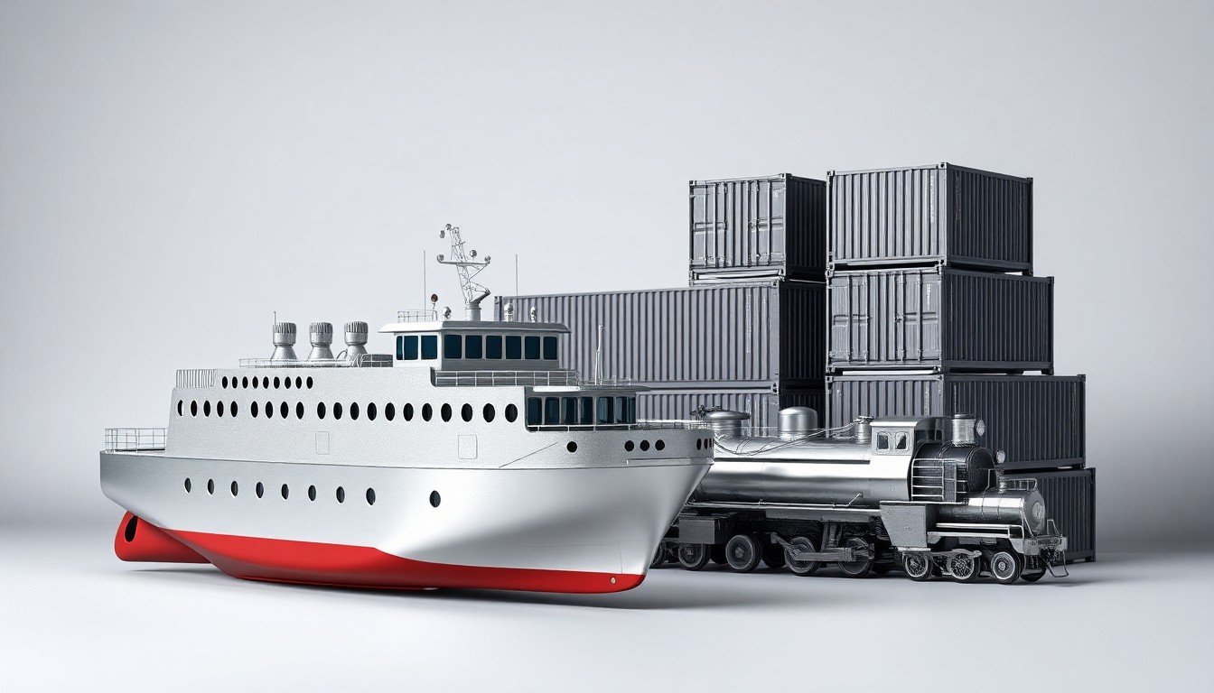 A photorealistic studio still life featuring a polished metal model of a cargo ship, a sleek silver locomotive, and a stack of shipping containers made of premium materials, arranged elegantly on a clean, monochromatic background to conceptually represent the abstract ideas of global trade, supply chain logistics, and sustainable transportation.