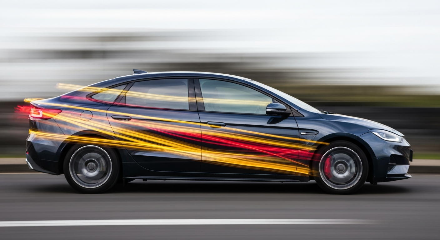 An abstract, colorful image with sweeping, blurred lines representing the motion of an electric vehicle, conveying a sense of speed, technology, and transformation.
