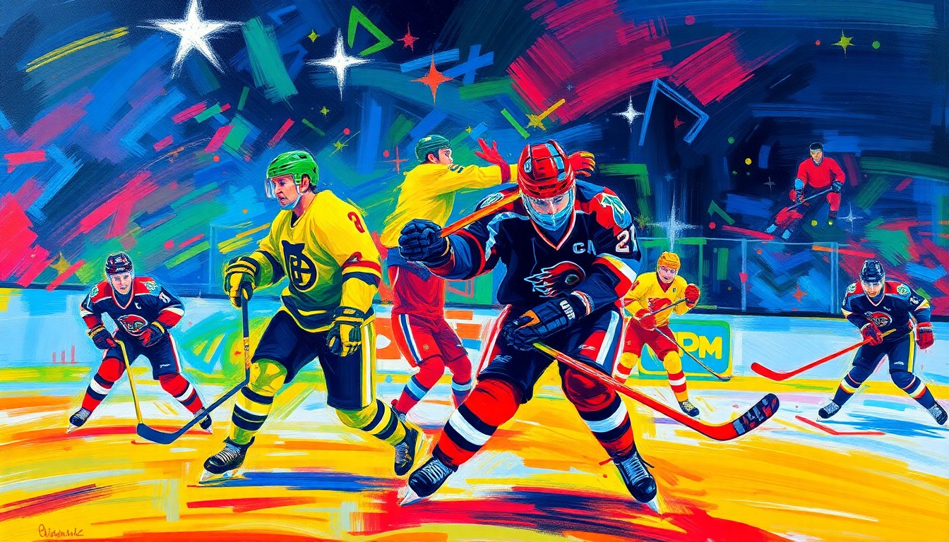 An abstract, expressionist painting in neon colors depicting the frenetic energy and movement of a hockey game, with players' forms blending together in a blur of action.