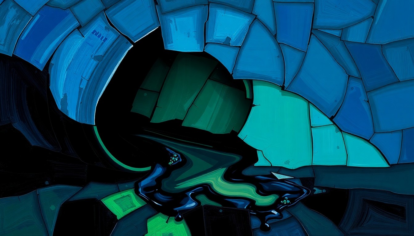 A dynamic, abstract painting featuring a fractured, leaking oil barrel in a palette of deep blues, greens, and blacks, conveying the volatility and uncertainty of the global energy market.