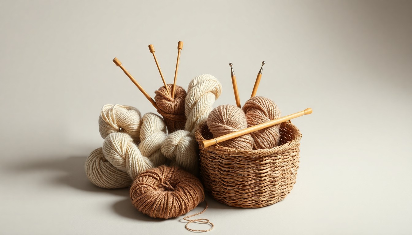 A high-end, photorealistic studio still-life photograph featuring a collection of premium natural yarn skeins, wooden knitting needles, and a handwoven basket, conceptually representing the timeless craftsmanship and community values of the 50-year-old Rainbow Yarn Cooperative.