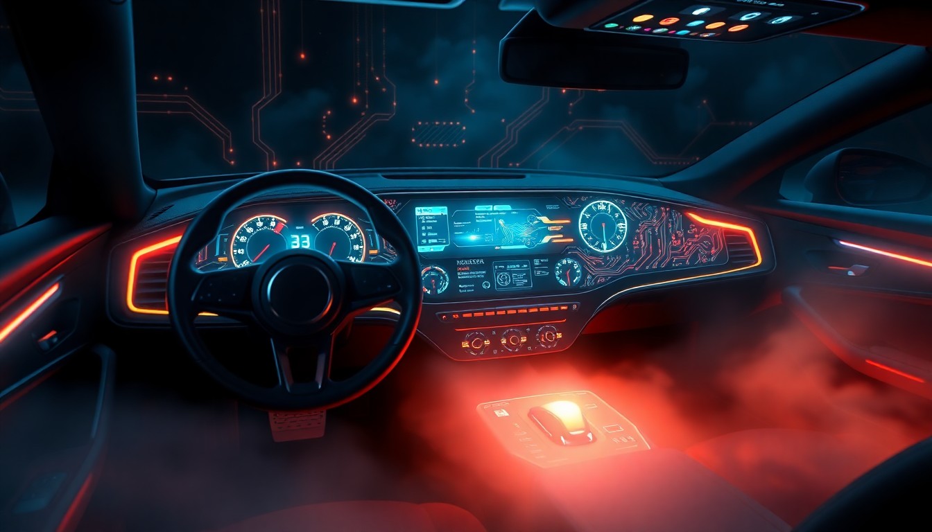 A highly detailed, glowing 3D illustration of a futuristic car dashboard with holographic displays, pulsing neon lights, and intricate circuit board patterns, suspended in a dark, atmospheric environment, representing the integration of advanced technology in modern vehicles.
