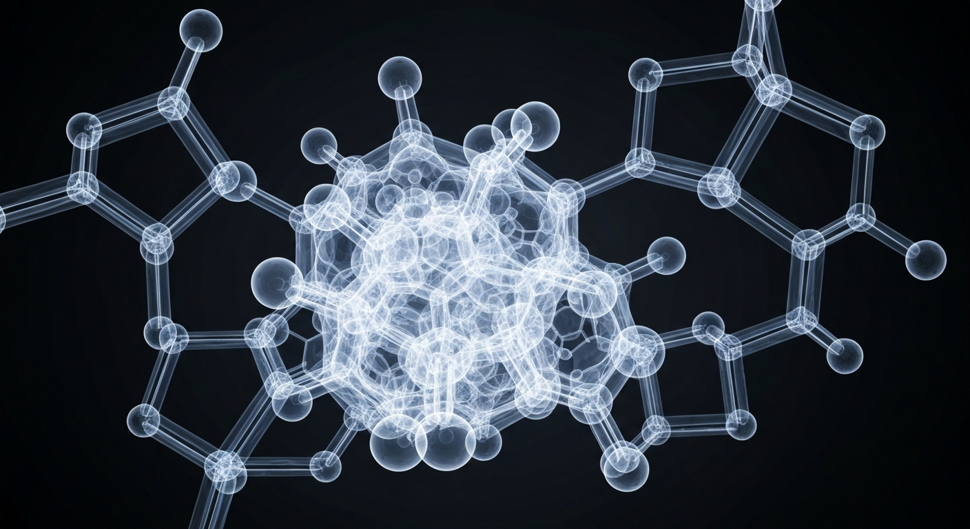 An abstract, ghostly X-ray image revealing the intricate molecular structure of a multibody antibody drug conjugate, conveying the innovative scientific approach behind this potential new cancer therapy.