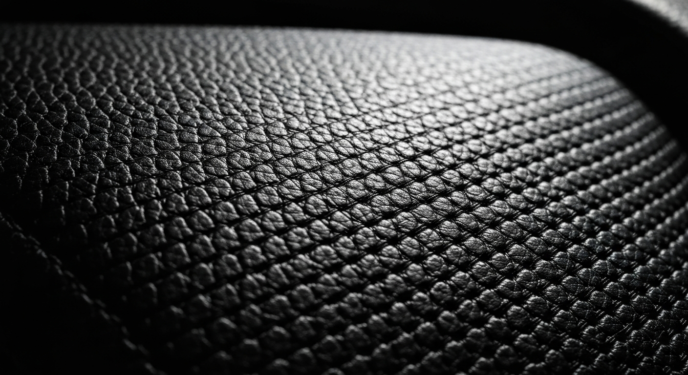 An extreme close-up photograph of the textured surface of an automobile part, such as pebbled leather or woven mesh, captured in a dramatic, artistic style that highlights the raw materials and engineering of vehicles.