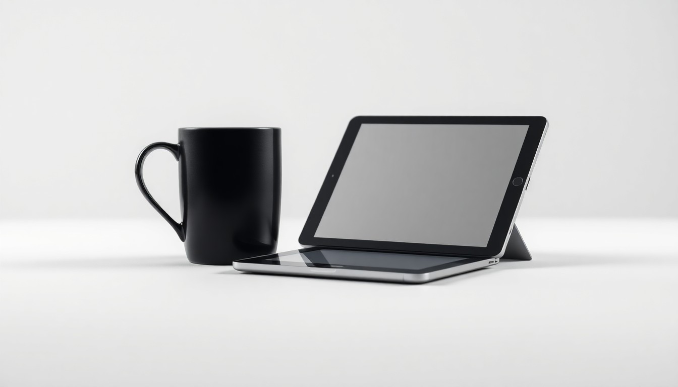 A minimalist, photorealistic studio still-life image featuring a modern coffee mug and a tablet device on a clean, monochromatic background, symbolizing the integration of digital technology and premium coffee experiences.