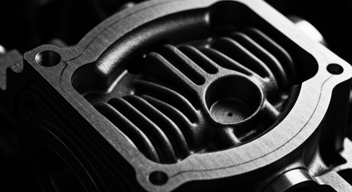 An extreme close-up of the raw, pebbled texture of an automobile engine component, dramatically lit to reveal its intricate patterns and mechanical details, conceptually representing the increasing sophistication of modern vehicles.