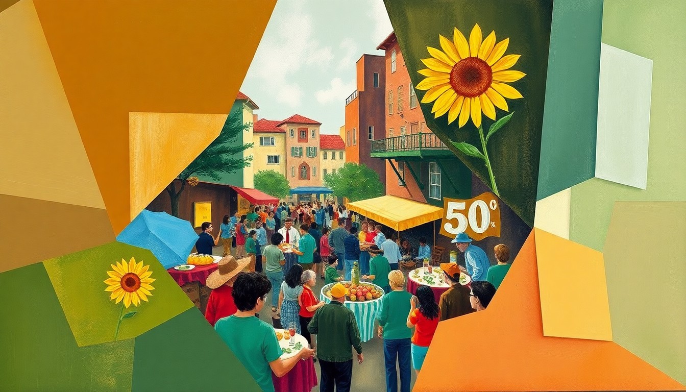A cubist, geometric painting in earthy greens, browns, and bright yellows, depicting the vibrant energy and community celebration of a 50-year-old natural food cooperative in San Francisco.