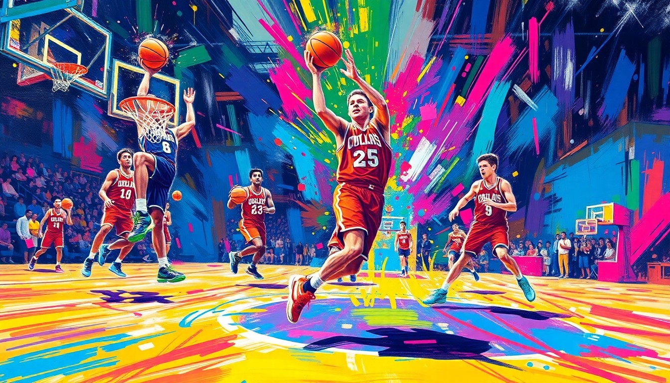 An abstract, energetic painting featuring overlapping, neon-colored brushstrokes that capture the dynamic movements and intense action of cube basketball players as they navigate the three-dimensional court.