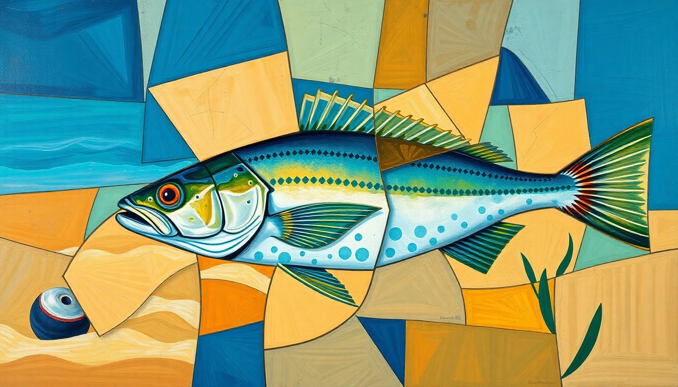 A fragmented, geometric painting depicting a fluke fish and fishing scene, with sharp angles and planes of color representing the complex and nuanced nature of early-season fluke fishing.