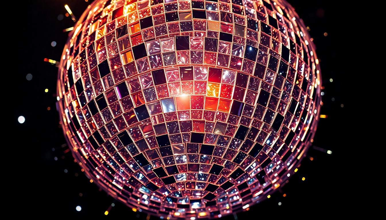 An extreme close-up photograph of shimmering, reflective shards of a disco ball, capturing the glitz and energy of electronic dance music festivals through dramatic studio lighting and abstract composition.