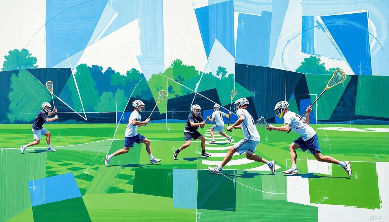 A cubist, geometric painting depicting the chaotic action of a boys lacrosse game, with players and the ball rendered as fragmented, overlapping shapes in a palette of blues, greens, and whites.
