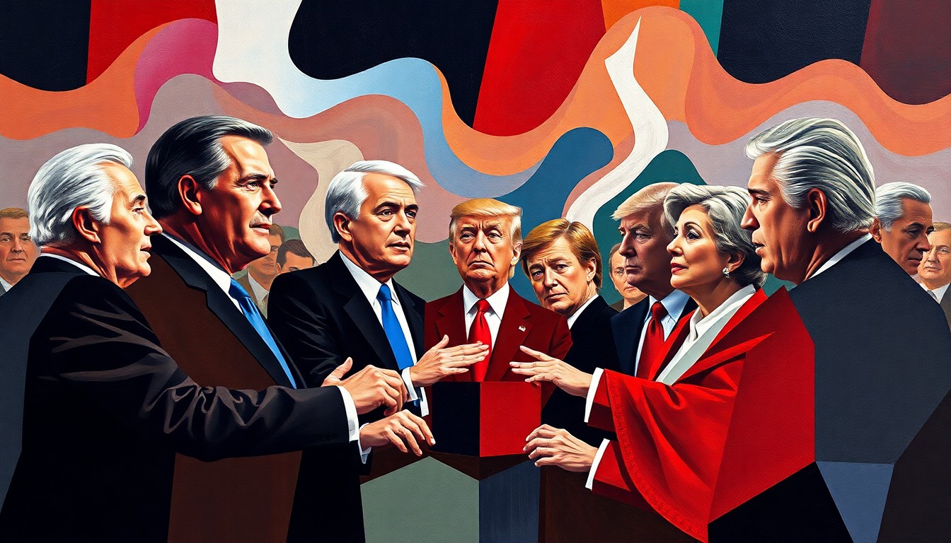 A fragmented, abstract painting featuring overlapping geometric shapes and brushstrokes in vibrant colors, representing the heated debate and divisions within the Michigan Democratic Party.