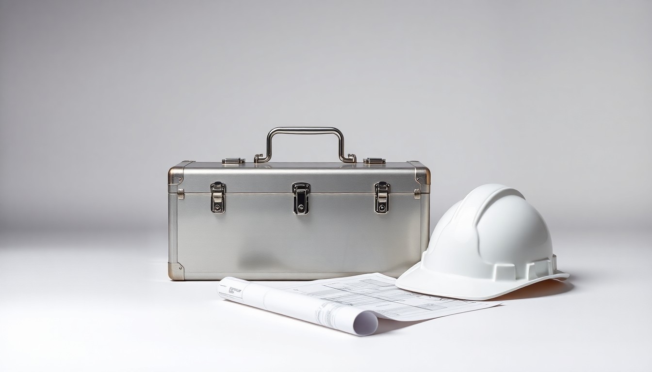 A photorealistic studio still-life image featuring a polished metal toolbox, a hardhat, and a blueprint scroll arranged elegantly on a clean, monochromatic background, conceptually representing the specialized equipment and planning required for Quanta Services' infrastructure construction work.