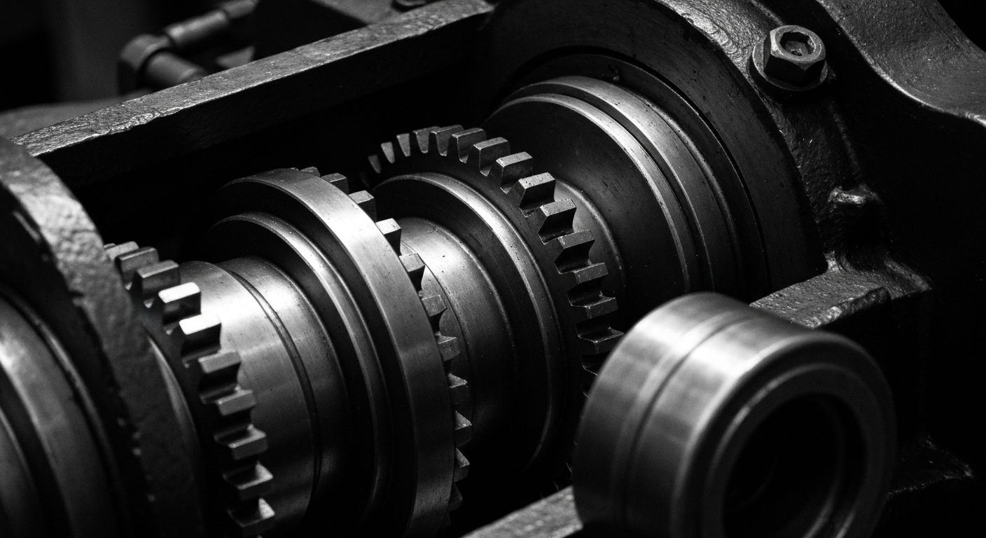 A high-contrast black and white close-up image of the complex internal mechanisms of an industrial fluid pump, conveying the precision engineering and heavy-duty construction that defines Graco's product line.