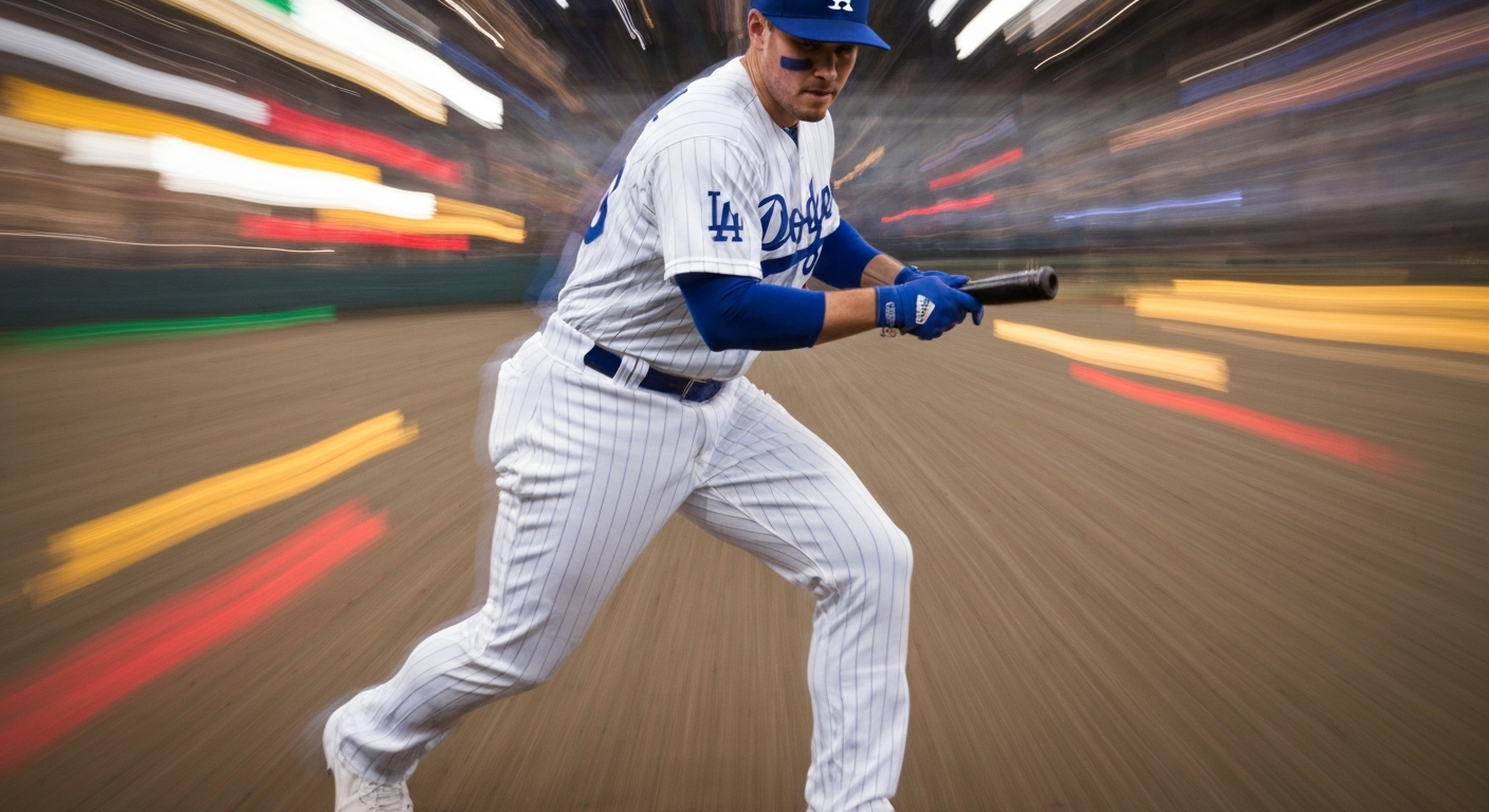 A blurred, abstract image of a Dodgers baseball player in motion, conveying the dynamic energy and speed of the sport through sweeping streaks of color.