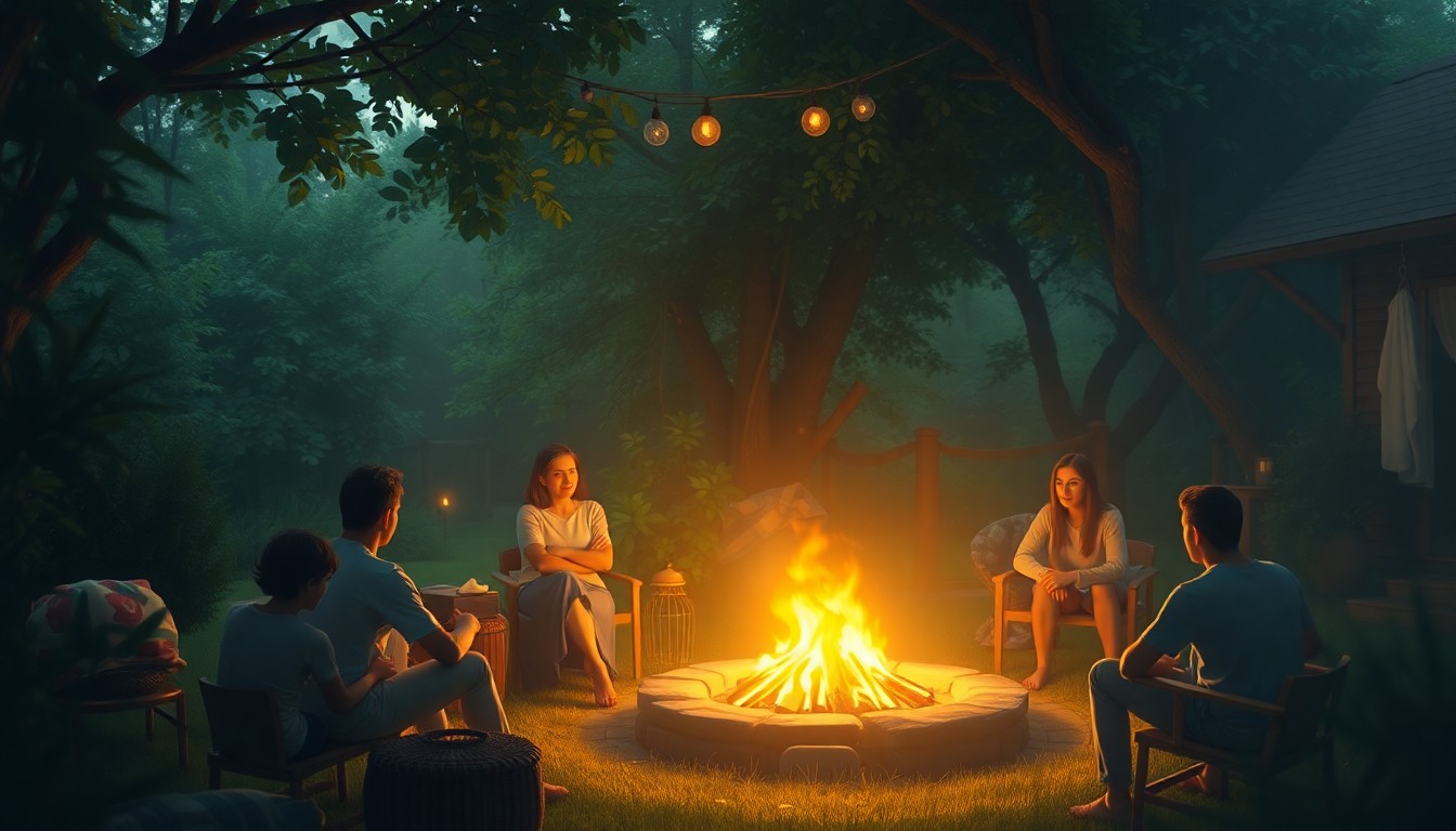 A softly focused, atmospheric scene of people gathered around a cozy fire pit in a lush, verdant backyard setting, the warm glow of the flames casting a gentle, dreamlike light over the entire space.