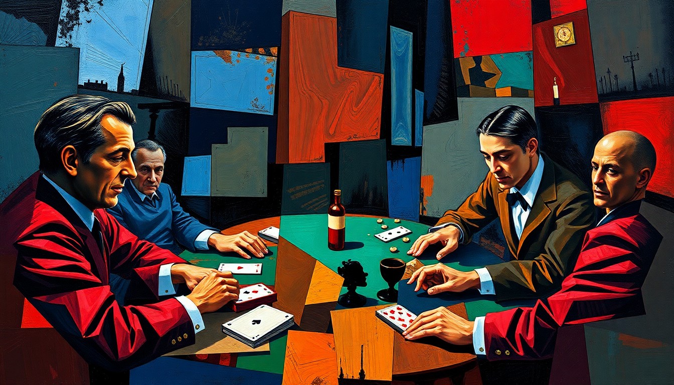 A cubist-style painting depicting a high-stakes poker game, with the players and table broken down into sharp, overlapping geometric shapes in a vibrant color palette, conveying the mental focus and strategic depth of the sport's top competitors.