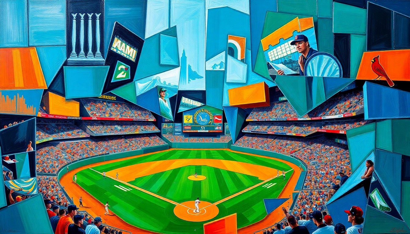A fractured, geometric painting depicting a baseball game in progress, with players and the field broken down into sharp, overlapping planes of color and shape, creating a dynamic, multi-perspective view of the action.