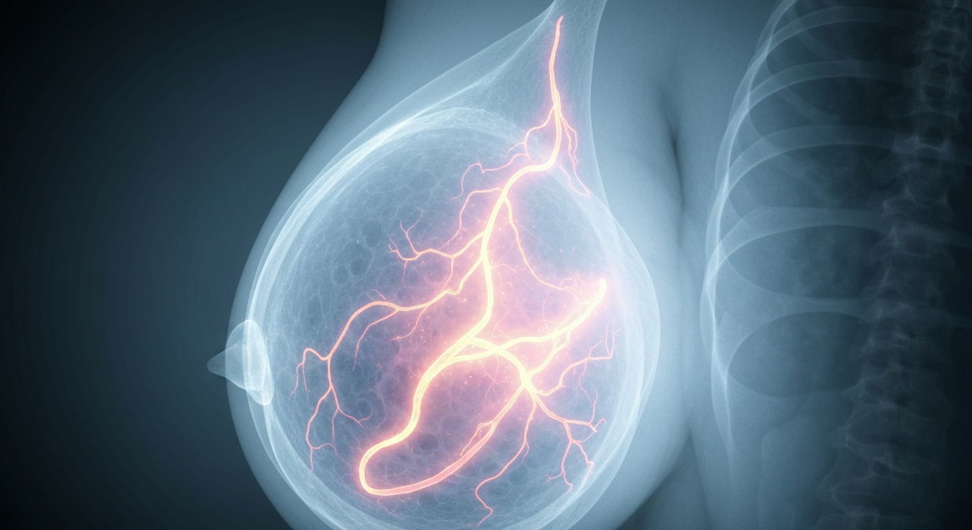 A ghostly, translucent X-ray photograph showing the delicate structures and tissues within a human breast, conveying the clinical yet vital importance of breast cancer screening.