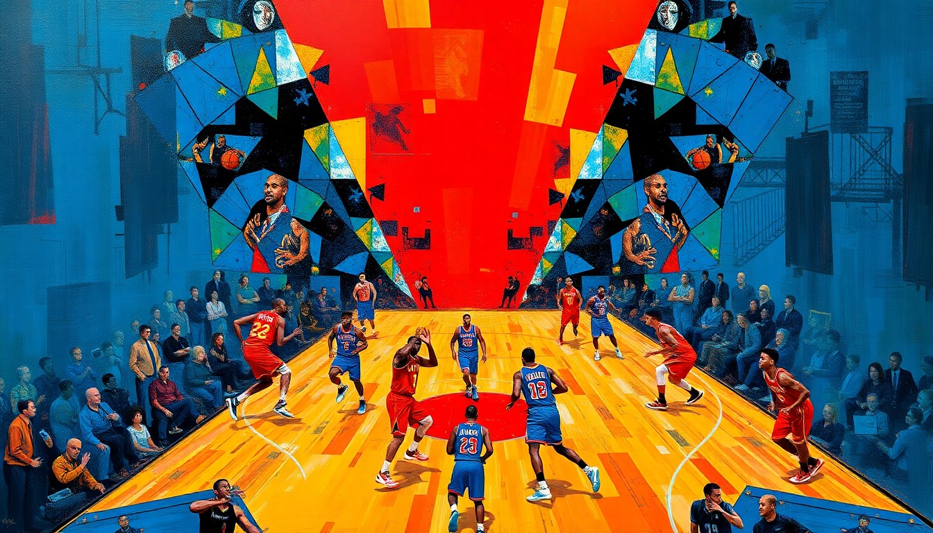 A fragmented, cubist-style painting depicting the action of a basketball game between the Atlanta Hawks and New York Knicks, with the players' forms broken down into sharp, overlapping geometric shapes in a vibrant color palette.