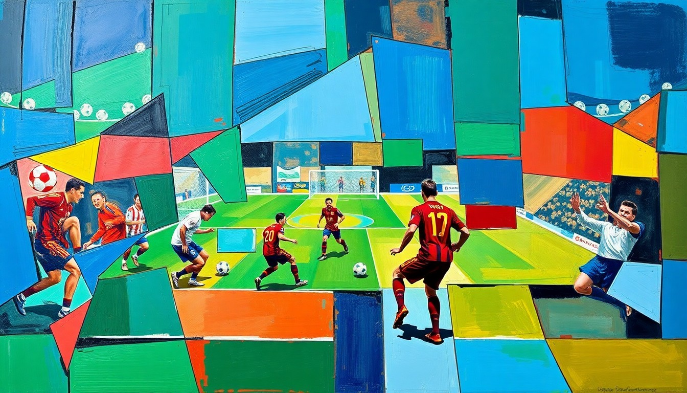 A cubist, geometric painting depicting fragmented, overlapping shapes and planes of color representing a soccer match or training session, conveying the dynamic and competitive nature of the transfer market.