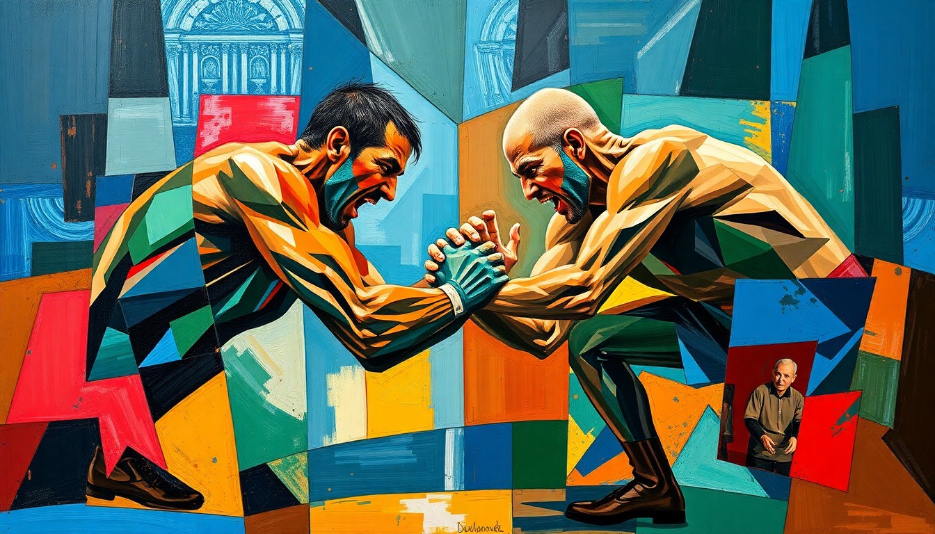 A fractured, multi-perspective painting depicting the intense grappling and athletic movements of two wrestlers, their faces and identities obscured by sharp, overlapping geometric shapes in a vibrant color palette.