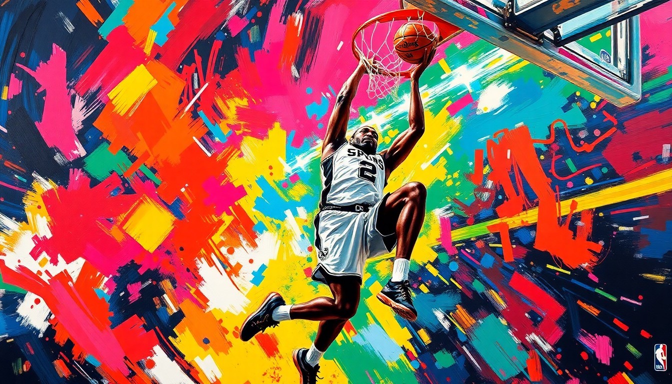 An abstract, energetic painting featuring bold brushstrokes in neon shades of blue, orange, and pink, capturing the dynamic movement and raw power of a basketball player driving to the hoop.
