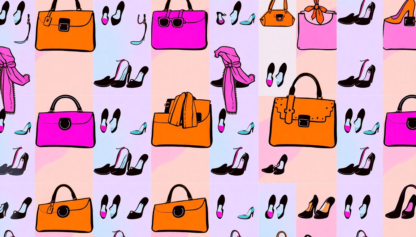 A brightly colored, high-contrast silkscreen print of a fashion accessory such as a handbag, scarf, or pair of shoes repeated in a tight grid pattern, conceptually representing the fashion and community focus of the Wilton Woman's Club's annual fundraiser.