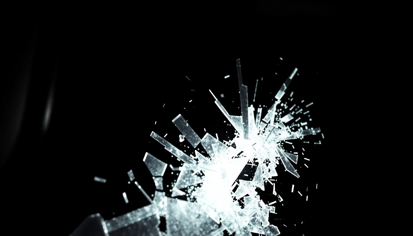 An extreme close-up photograph of shattered glass from a car crash, lit by a harsh, direct camera flash against a pitch-black background, conceptually illustrating the aftermath of a property crime incident in Naugatuck.