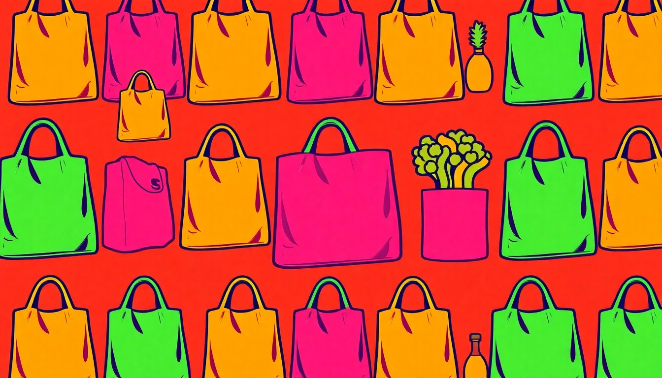 A brightly colored, high-contrast silkscreen print of a reusable grocery bag, repeated in a tight grid pattern, capturing the joyful energy of a community celebration.