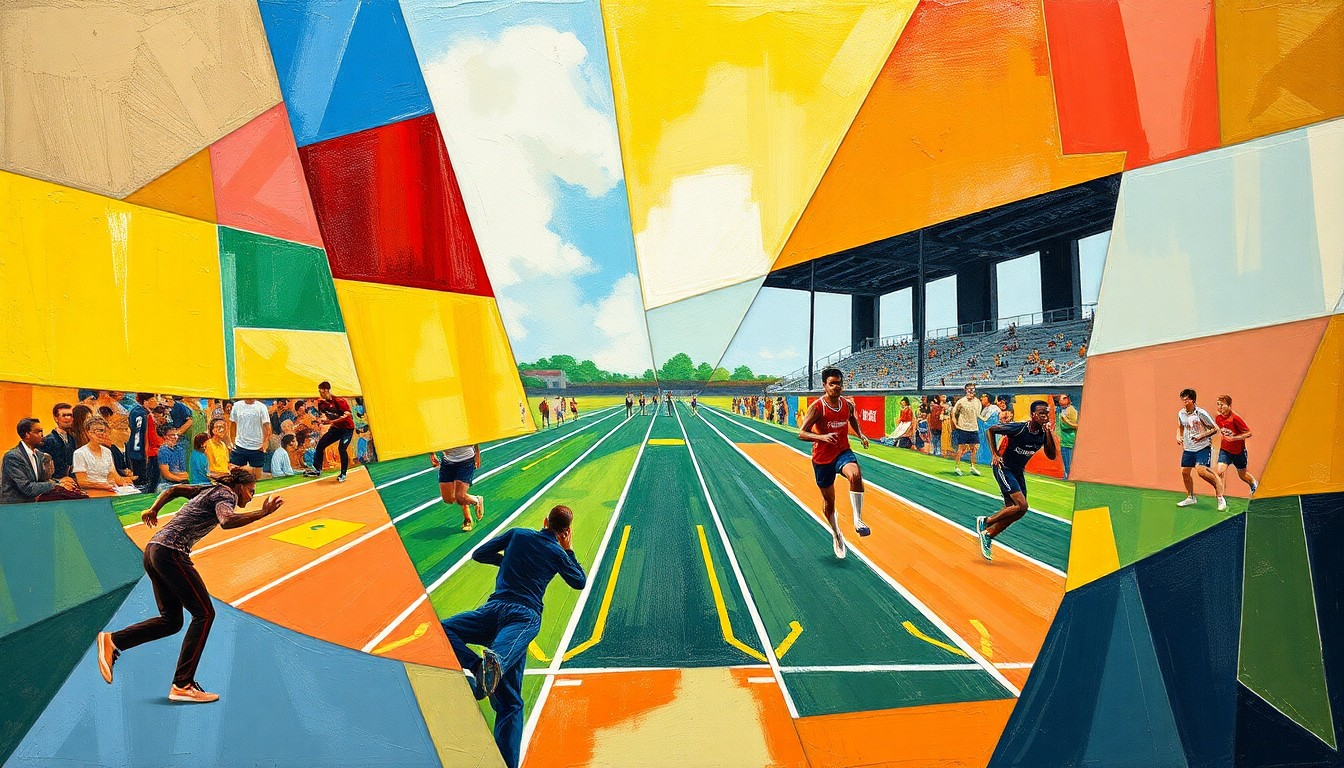 A fragmented, geometric painting depicting the dynamic action of a track and field competition, with figures and elements broken down into sharp, overlapping planes of color.