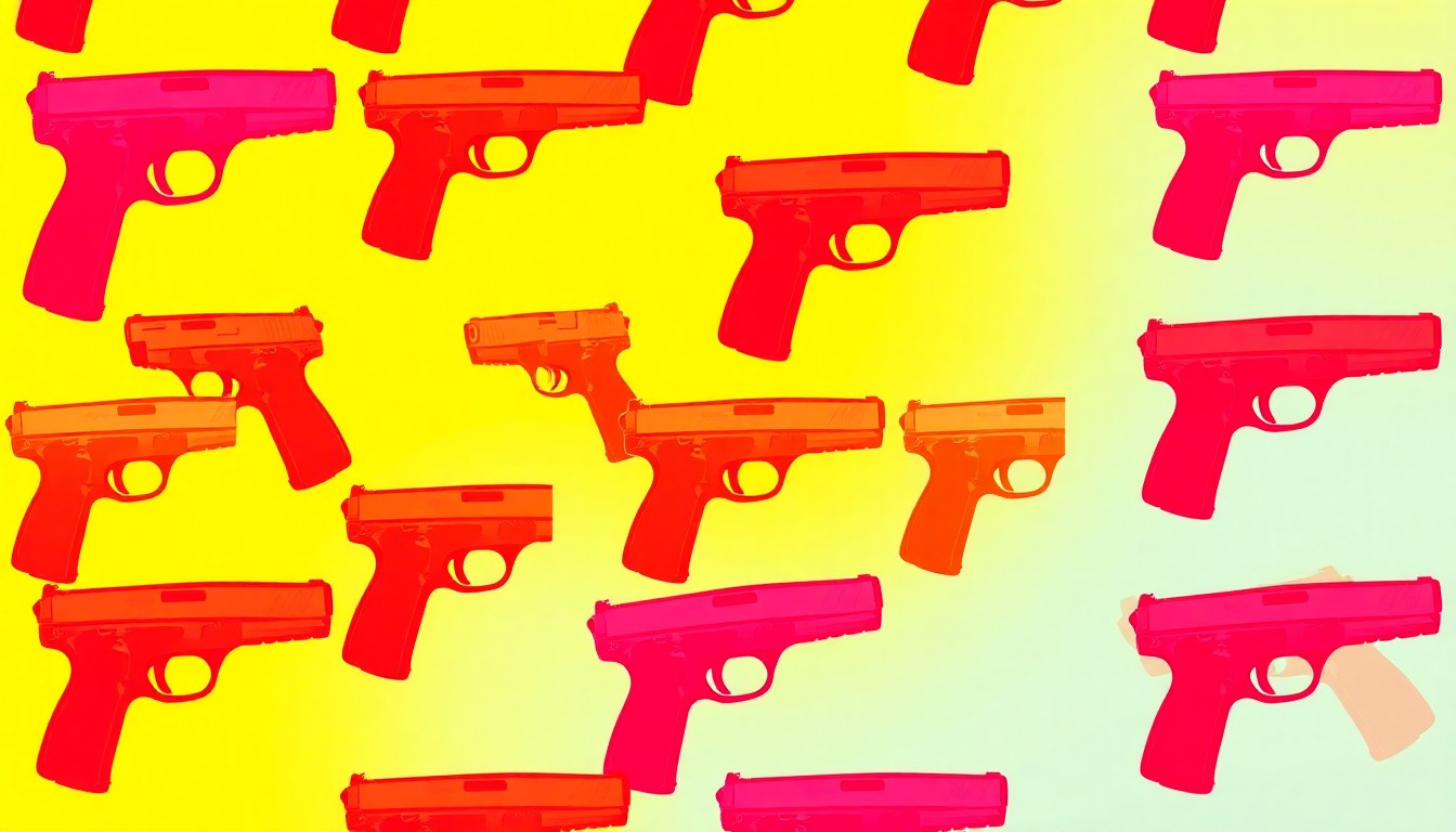 A highly stylized, abstract silkscreen print featuring a repeated handgun icon in a grid pattern, using vibrant neon colors and heavy black outlines to convey the serious yet visually striking concept of gun violence and its impact on a community.