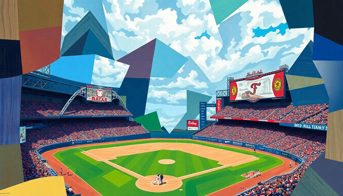 A cubist-style painting depicting a baseball game in progress, with the players and field broken down into sharp, overlapping geometric shapes and planes in vibrant colors.